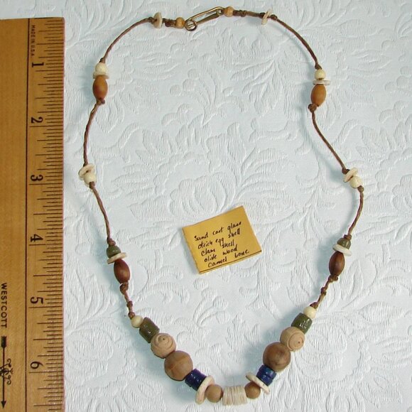 Vtg 70's Artisan 17" NECKLACE, Wood, Glass, Shell, Camel Bone, Boho Hippie B03 - Picture 1 of 8